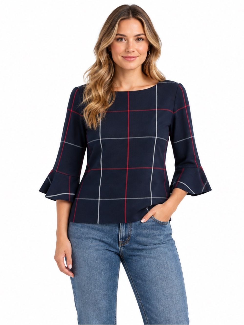 Tommy Hilfiger Women’s M Navy Plaid Bell Sleeve Blouse Top Red White Check